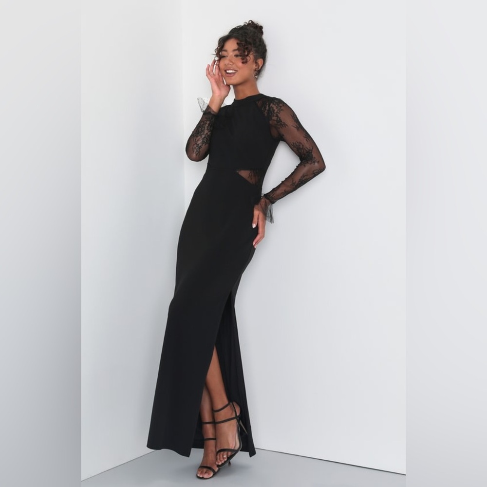 Lulus Bragging Rights Black Lace Long Sleeve Column Maxi Dress size m formal - Picture 4 of 5